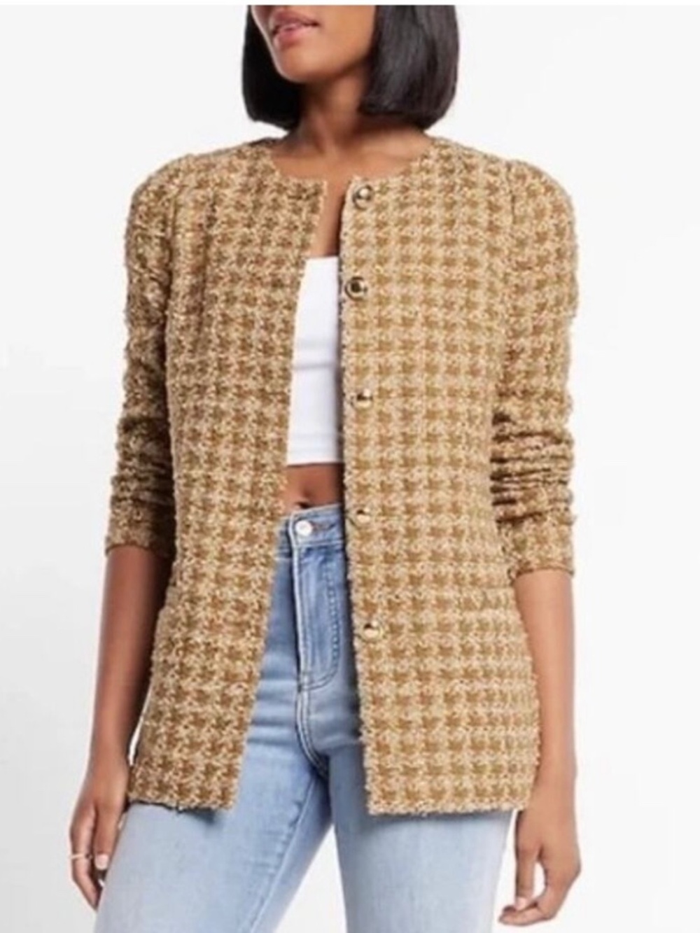 Express tan and metallic gold tweed blazer.